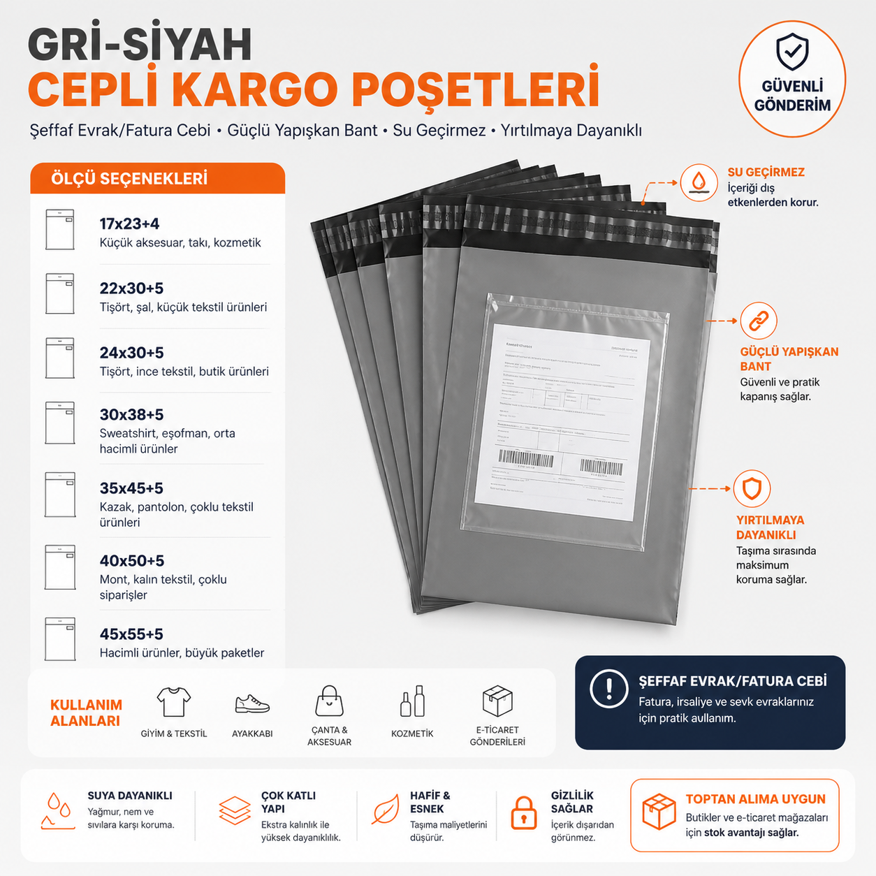 Gri-Siyah Cepli Kargo Poşetleri