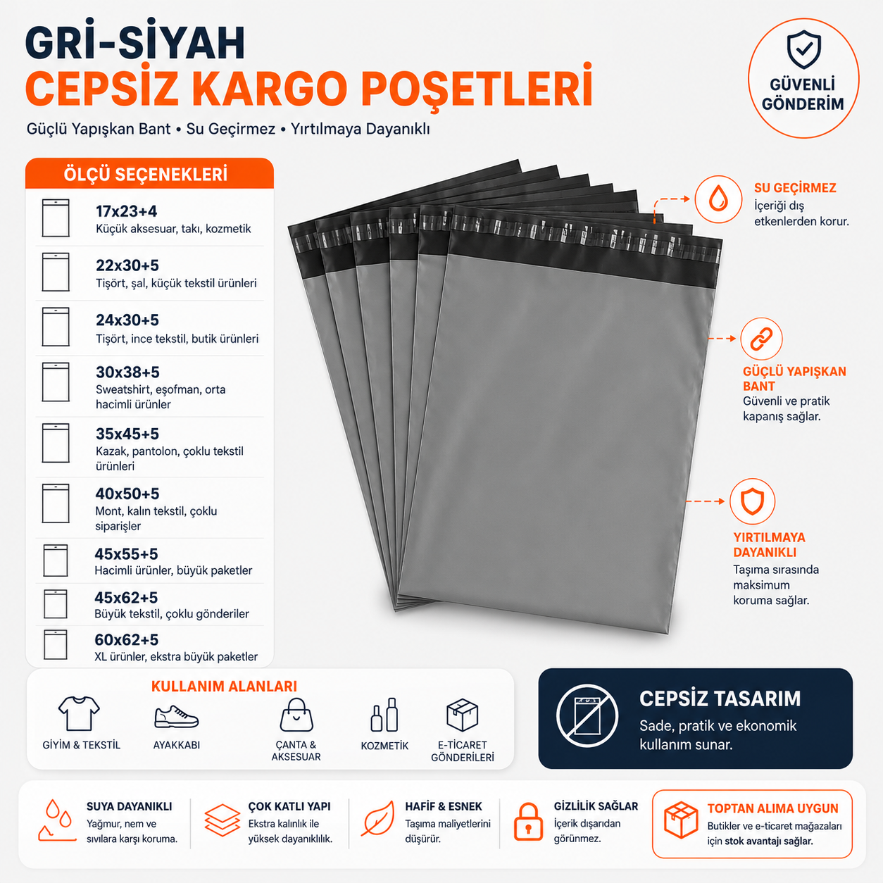 Gri-Siyah Cepsiz Kargo Poşetleri