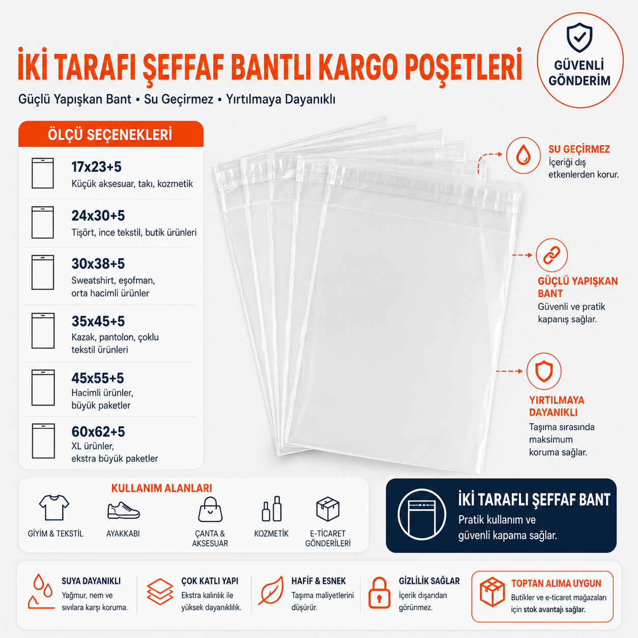 İki Tarafı Şeffaf Bantlı Kargo Poşetleri